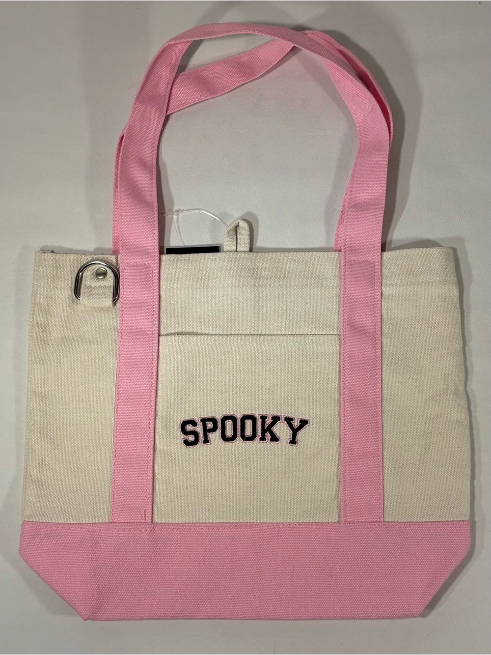 🧁 [NEW] SPIRIT HALLOWEEN SPOOKY EMBROIDERED PINK & WHITE VIRAL MINI TOTE BAG 🧁